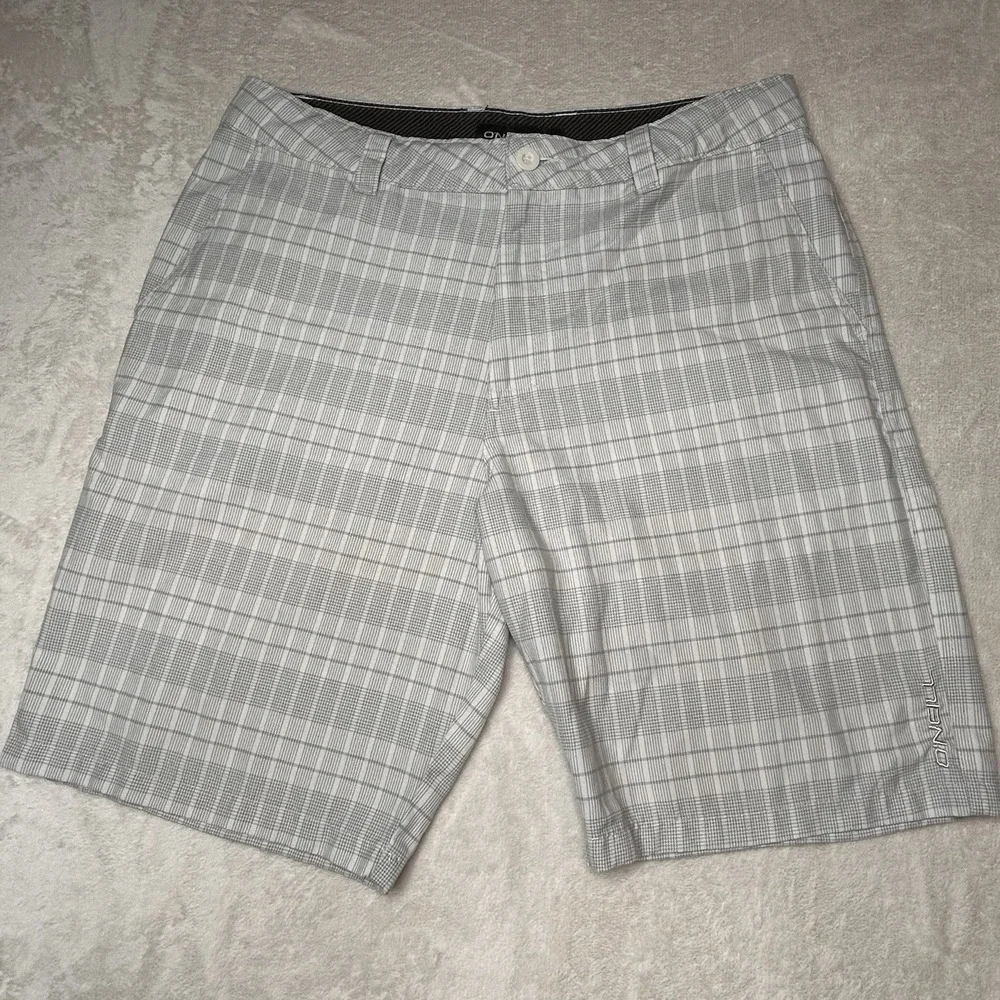 O'Neill Shorts Men's 34 Chino White Plaid‎ Mid Rise Outdoor Casual Flat Front